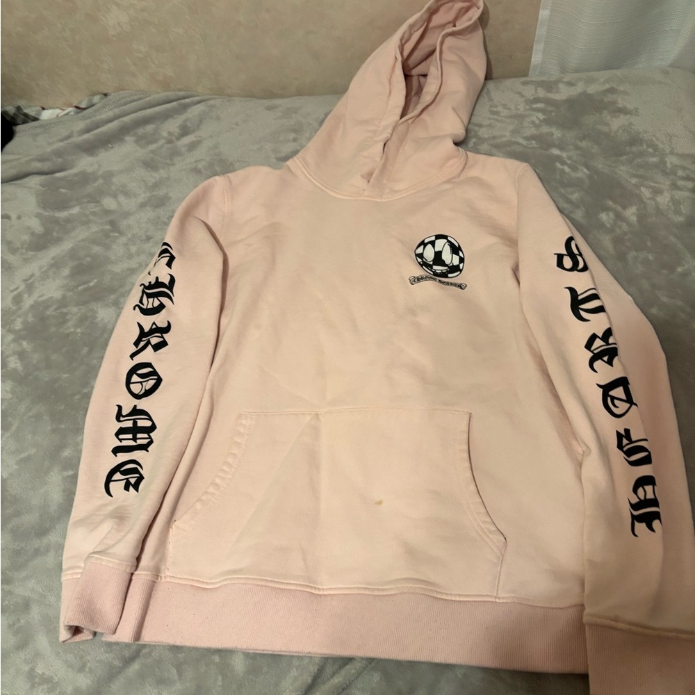 Pink Hoodie with Black Lettering chrome heart mens size large mini stain displ